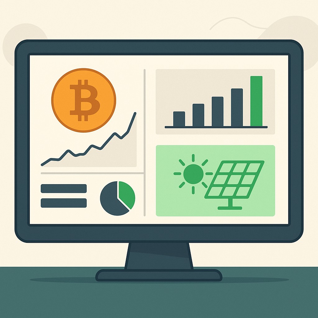 Screen showing a Bitcoin mining profitability dashboard with green energy cost savings highlighted