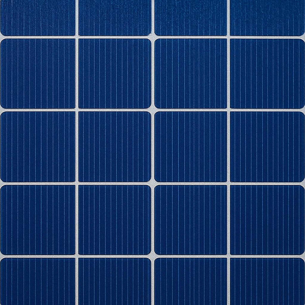 Close-up of a monocrystalline silicon photovoltaic cell showing the blue cell grid pattern
