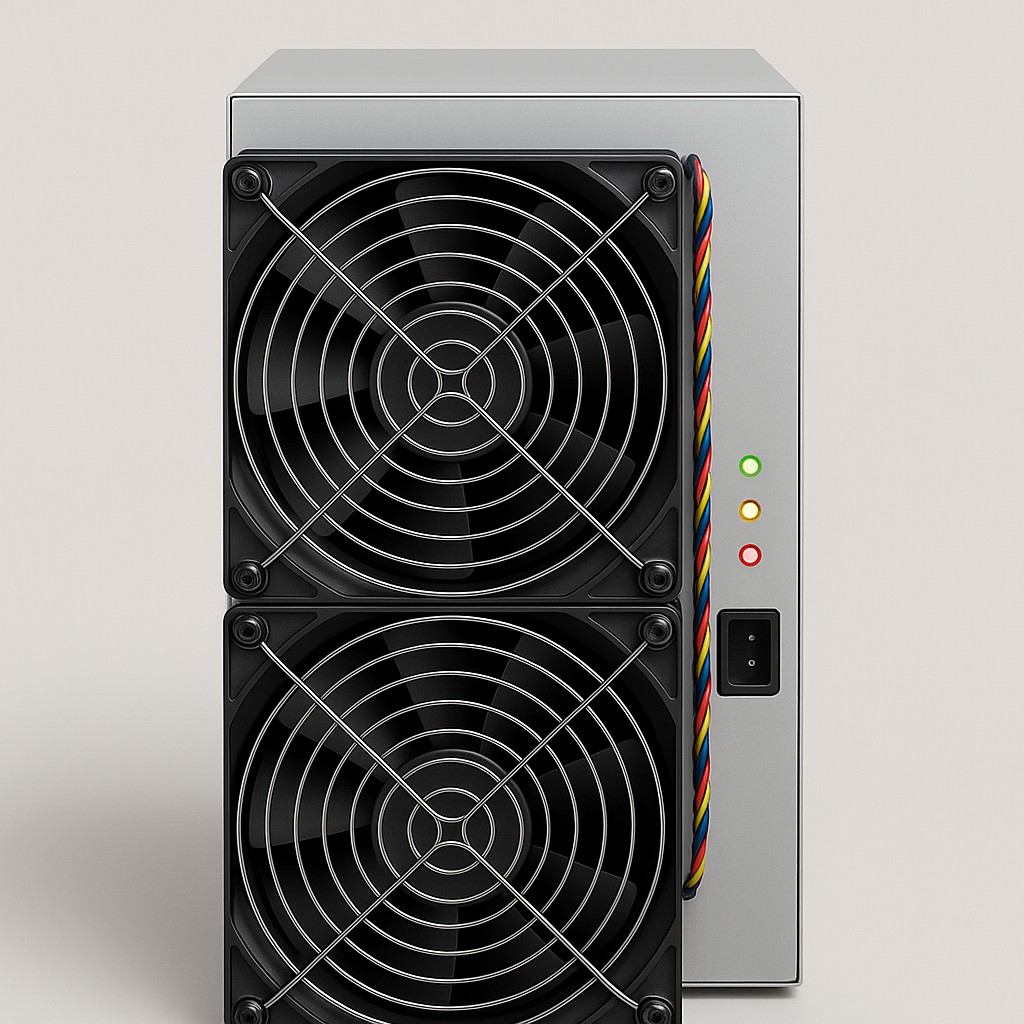 Front view of a Bitmain Antminer ASIC miner unit showing fan grills and LED status lights