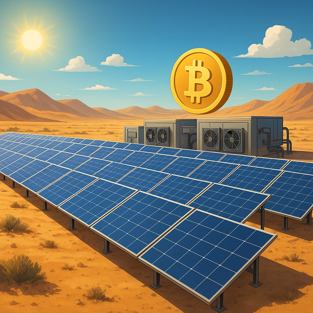 Large solar panel array at a desert mining farm producing clean electricity