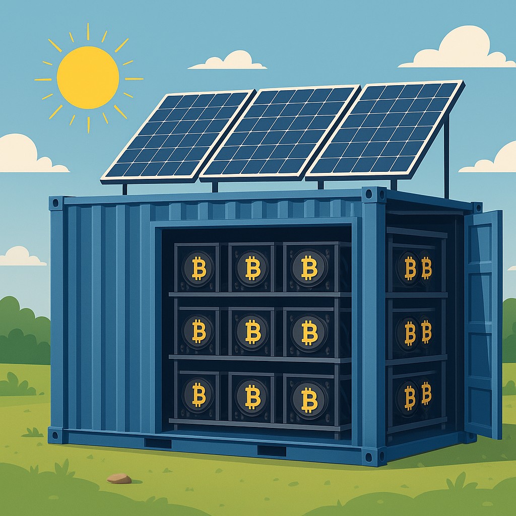 Outdoor solar mining operation with shipping containers and solar panels mounted on rooftops