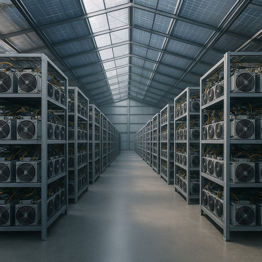 Rows of ASIC miners in a solar-powered warehouse facility