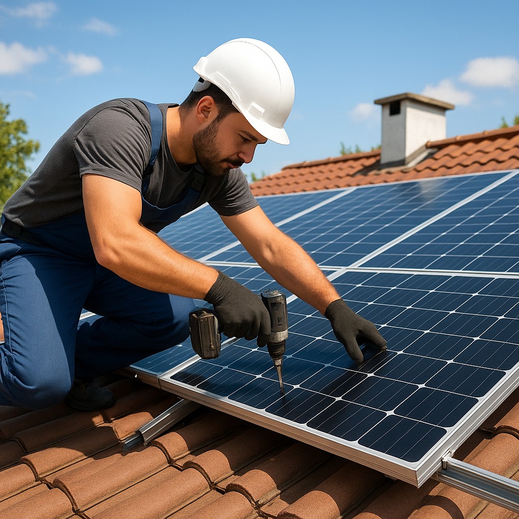 Monocrystalline solar panels being installed on a rooftop with a technician checking the mounting frame